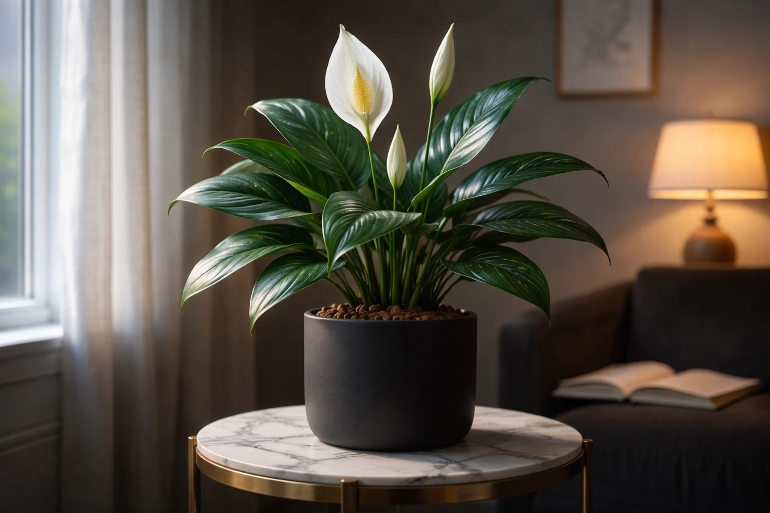 Peace lily with white spathe flower and dark green leaves