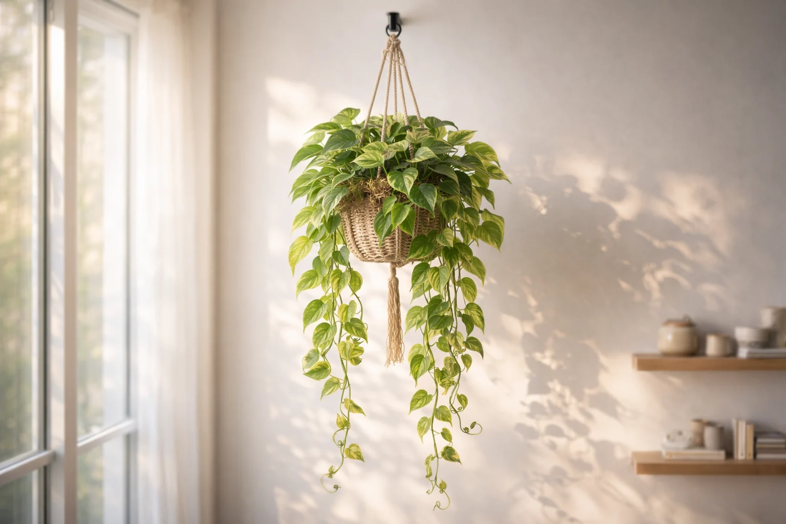 Healthy golden pothos plant with trailing vines